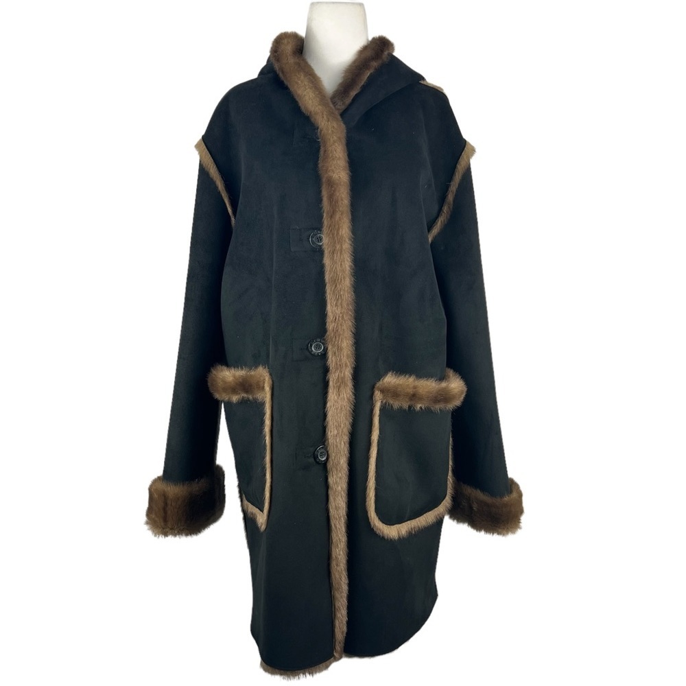 DENNIS BASSO REVERSIBLE SUEDE & FAUX FUR KNEE LENGTH COAT WITH HOOD